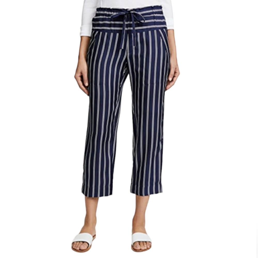 NWT Joie Addiena Silk Stripe Cropped Pants Dark Navy L Coastal Nautical Capsule